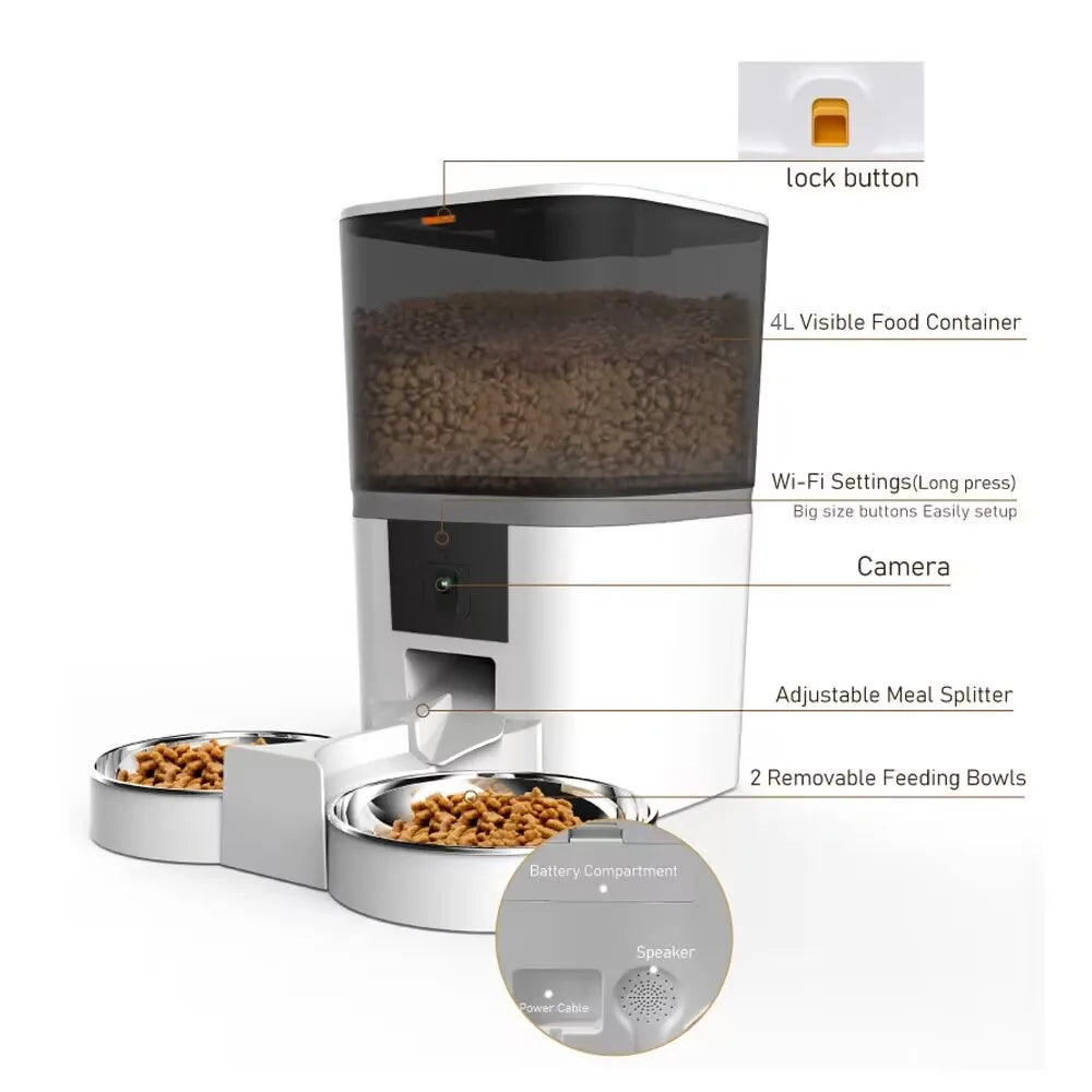 Automatic Cat and Dog Feeder – 4L with Smart Control, Camera and Double Bowl