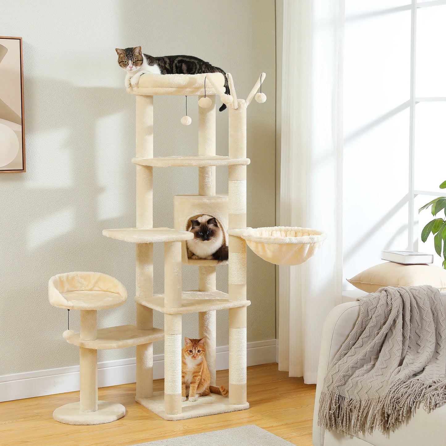 Multi-level Cat Scratching Post with Hammock, Beds and Hangers – Large Cat Tower for Indoors