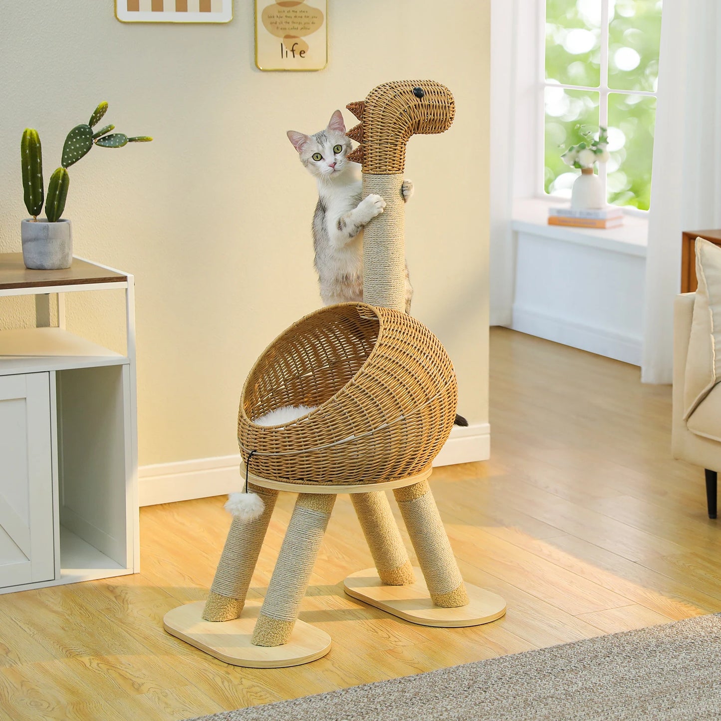 Drapak i Domek dla Kota – Fantazyjny Dinozaur 116 cm z Legowiskiem i Koszem z Rattanu
