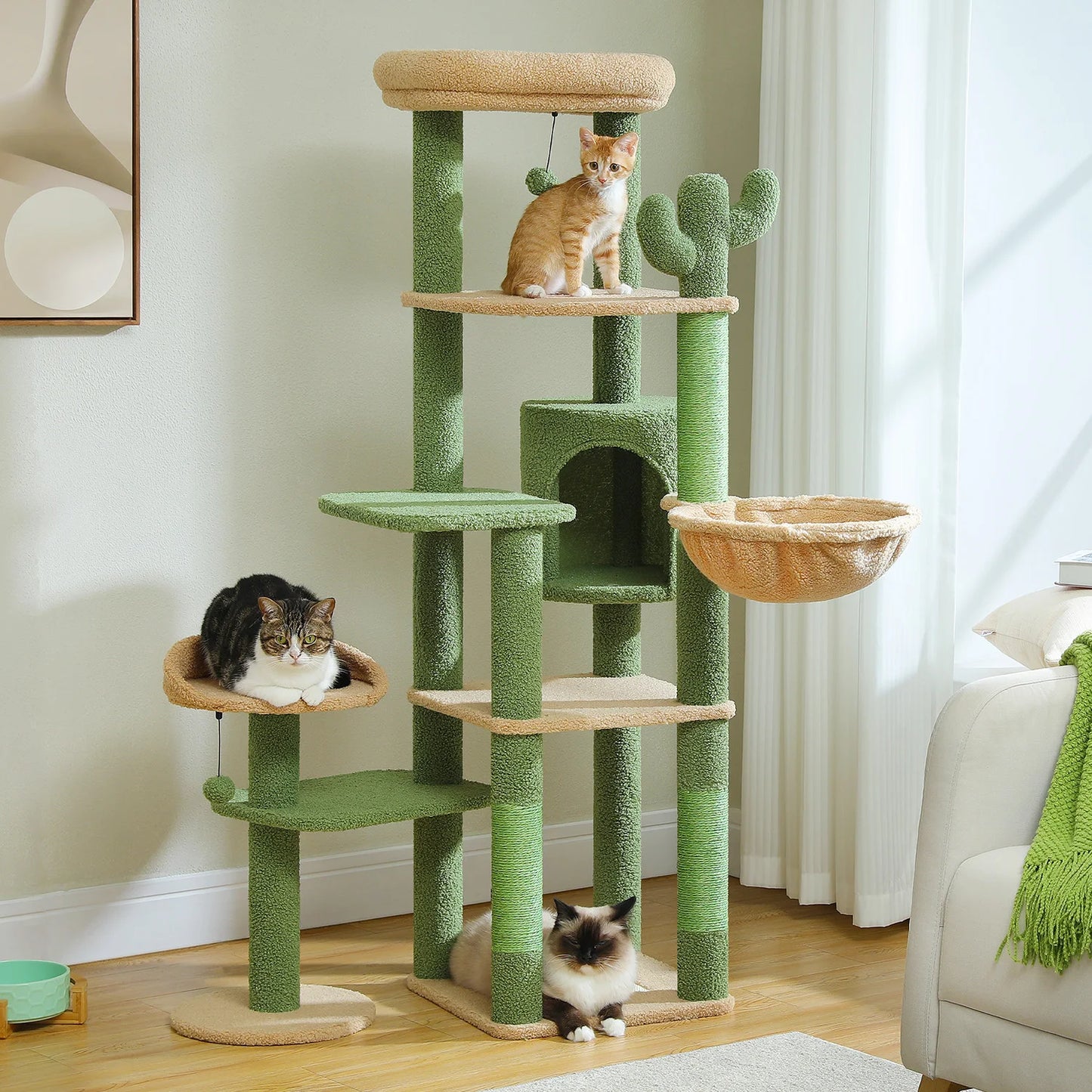 Multi-level Cat Scratching Post with Hammock, Beds and Hangers – Large Cat Tower for Indoors
