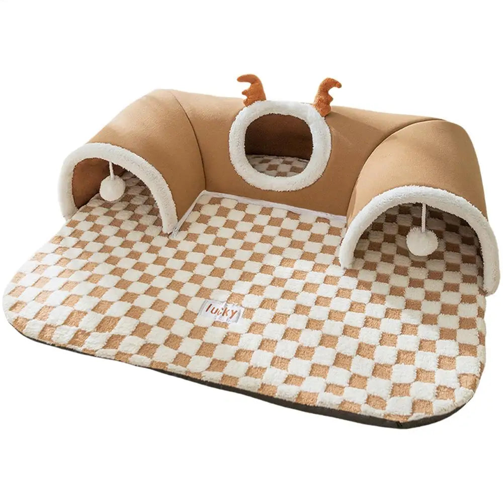 2-in-1 Cat Bed and Tunnel – Plush House for Sleeping and Playing