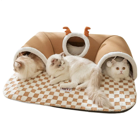 2-in-1 Cat Bed and Tunnel – Plush House for Sleeping and Playing