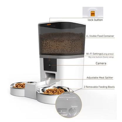 Automatic Cat and Dog Feeder – 4L with Smart Control, Camera and Double Bowl