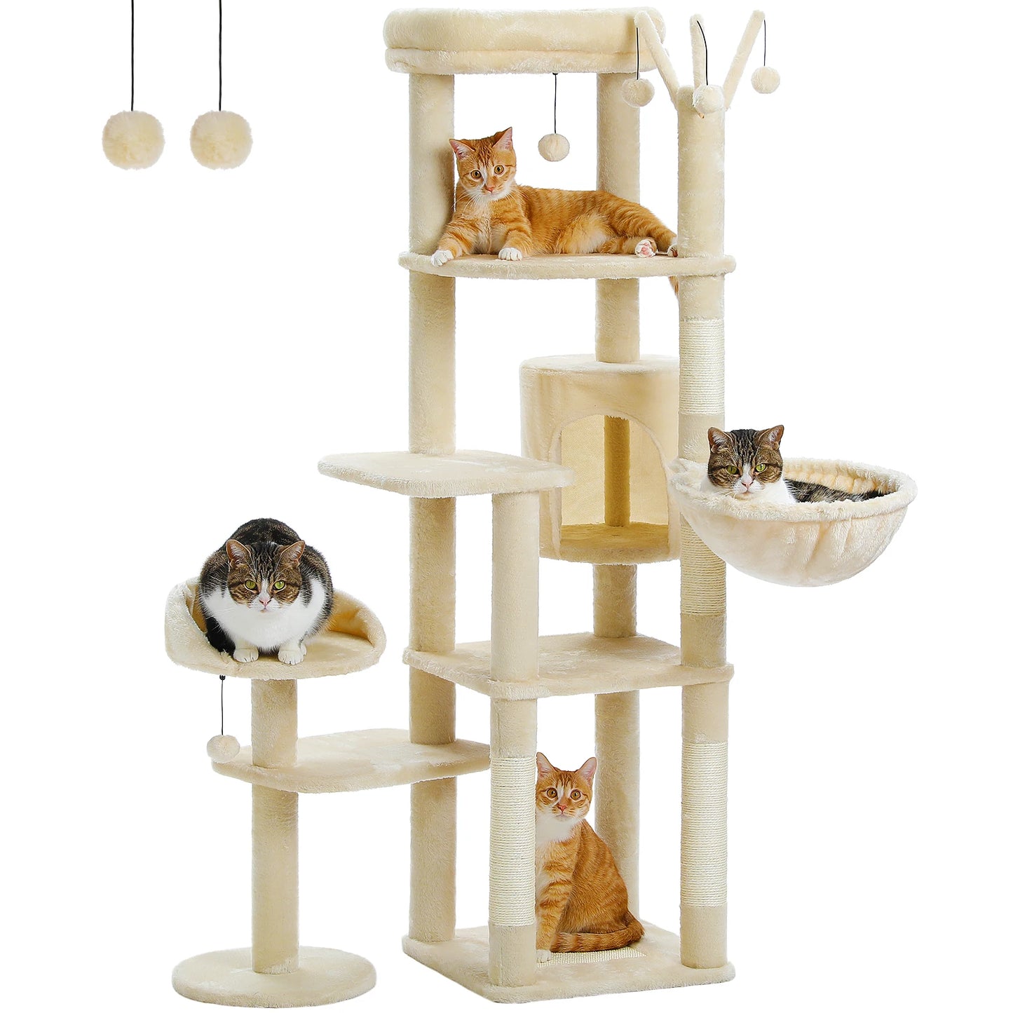 Multi-level Cat Scratching Post with Hammock, Beds and Hangers – Large Cat Tower for Indoors