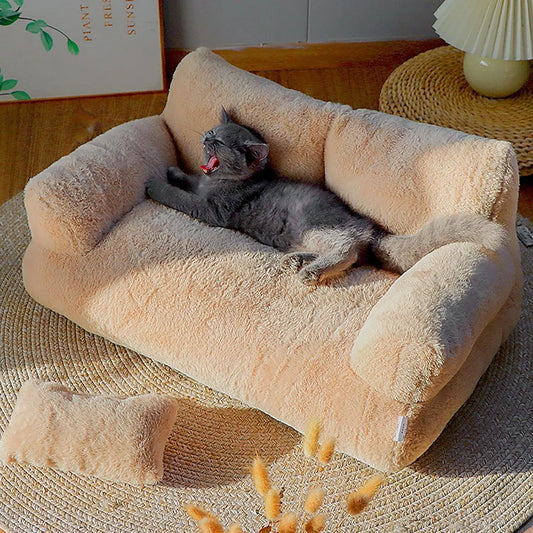 Plush Sofa for Cats and Small Dogs - Fluffy Bed with Memory Foam and Removable Cover