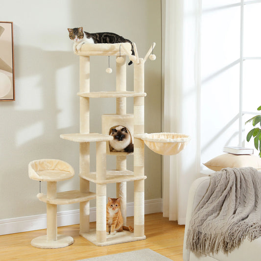 Multi-level Cat Scratching Post with Hammock, Beds and Hangers – Large Cat Tower for Indoors