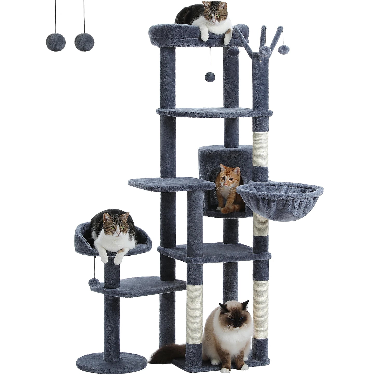 Multi-level Cat Scratching Post with Hammock, Beds and Hangers – Large Cat Tower for Indoors