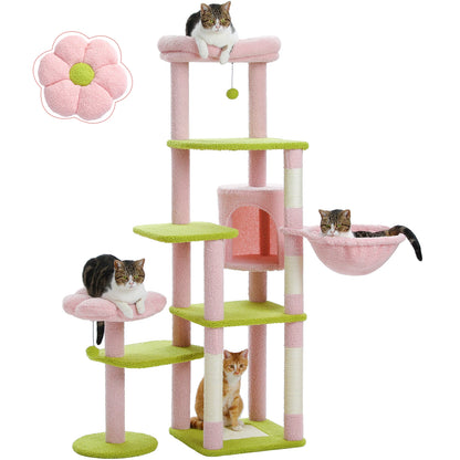 Multi-level Cat Scratching Post with Hammock, Beds and Hangers – Large Cat Tower for Indoors