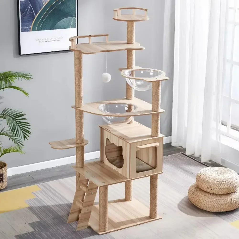 Solid Wood Scratching Post and Cat House – Multi-level Tower with Bed and Sisal Posts