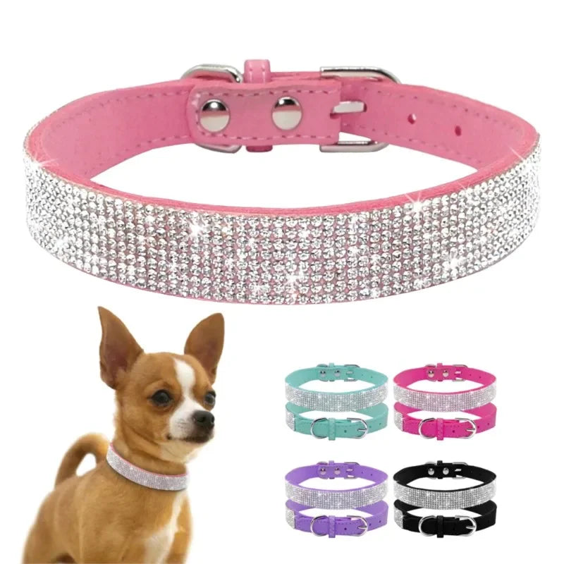 Microsuede Collar with Rhinestones – Shiny and Adjustable for Dogs and Cats (XS–L)