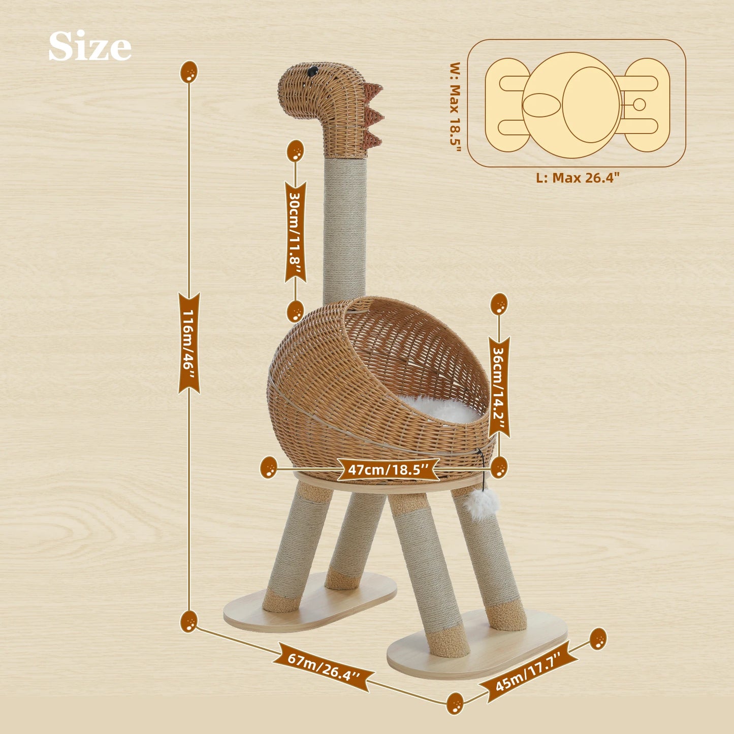 Drapak i Domek dla Kota – Fantazyjny Dinozaur 116 cm z Legowiskiem i Koszem z Rattanu