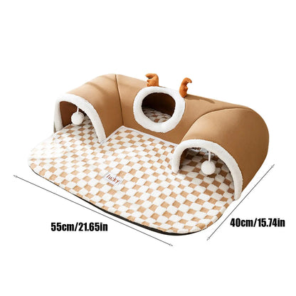 2-in-1 Cat Bed and Tunnel – Plush House for Sleeping and Playing