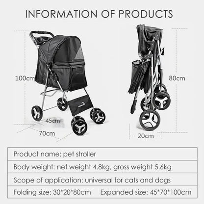 Lightweight Pet Stroller – Foldable, Breathable, for Small and Medium Dogs and Cats