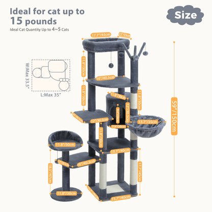 Multi-level Cat Scratching Post with Hammock, Beds and Hangers – Large Cat Tower for Indoors