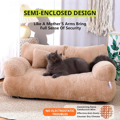 Plush Sofa for Cats and Small Dogs - Fluffy Bed with Memory Foam and Removable Cover