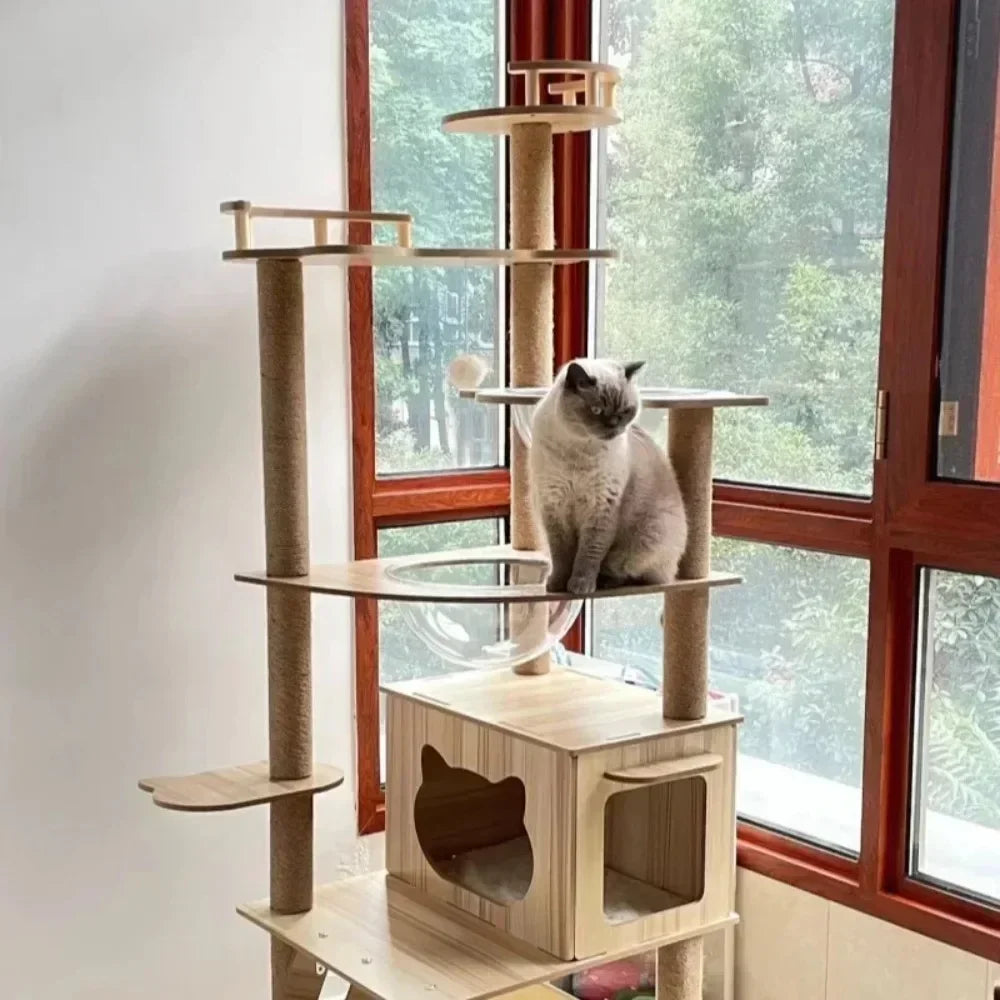 Solid Wood Scratching Post and Cat House – Multi-level Tower with Bed and Sisal Posts