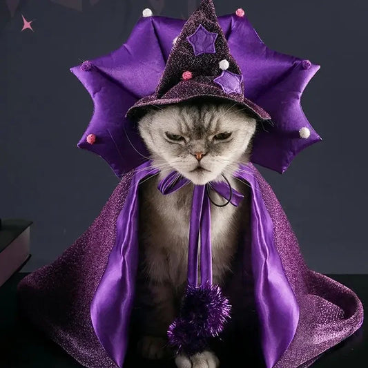 Halloween Costume for Cat and Dog – Witch's Cape and Hat (Satin, Purple)