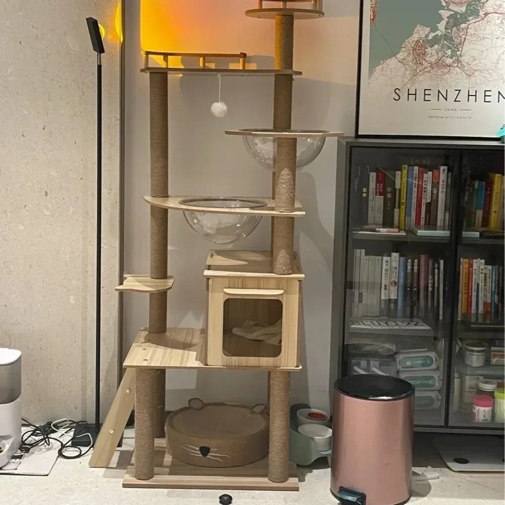 Solid Wood Scratching Post and Cat House – Multi-level Tower with Bed and Sisal Posts