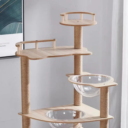 Solid Wood Scratching Post and Cat House – Multi-level Tower with Bed and Sisal Posts