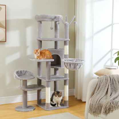 Multi-level Cat Scratching Post with Hammock, Beds and Hangers – Large Cat Tower for Indoors