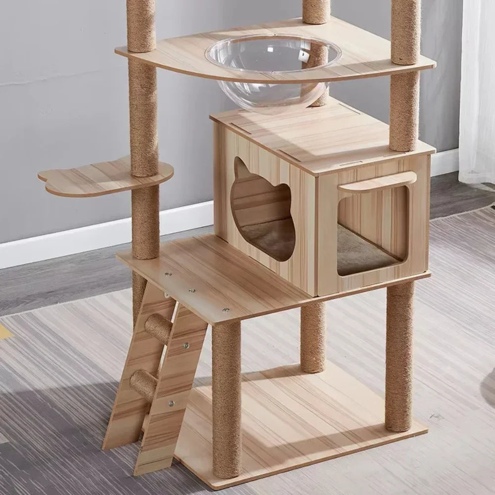 Solid Wood Scratching Post and Cat House – Multi-level Tower with Bed and Sisal Posts