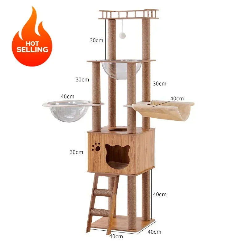 Solid Wood Scratching Post and Cat House – Multi-level Tower with Bed and Sisal Posts