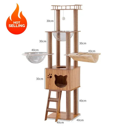 Solid Wood Scratching Post and Cat House – Multi-level Tower with Bed and Sisal Posts