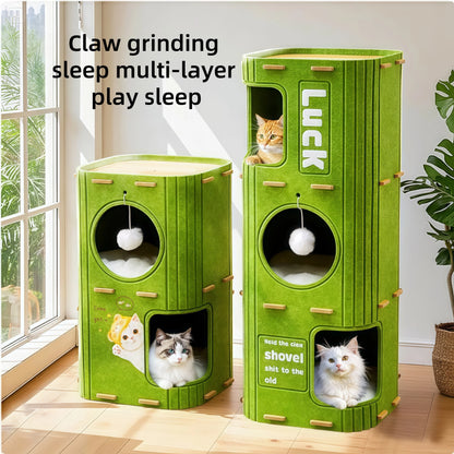 Closed Cat House with Scratching Post – Multi-level Stable Playground for Cats