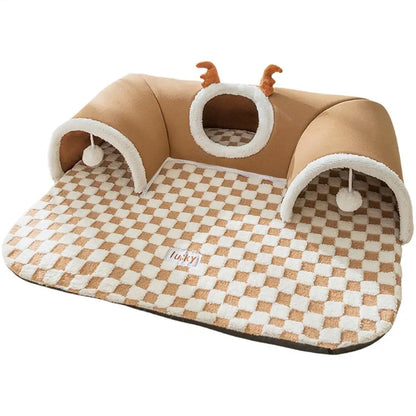 2-in-1 Cat Bed and Tunnel – Plush House for Sleeping and Playing