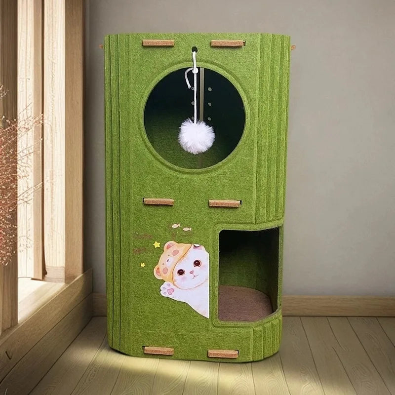Closed Cat House with Scratching Post – Multi-level Stable Playground for Cats